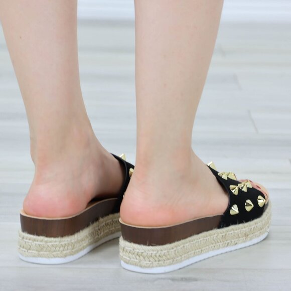 Black Platform Sandals Gold Studs Woven Midsole Chunky Sole Slip-On - Picture 8 of 11